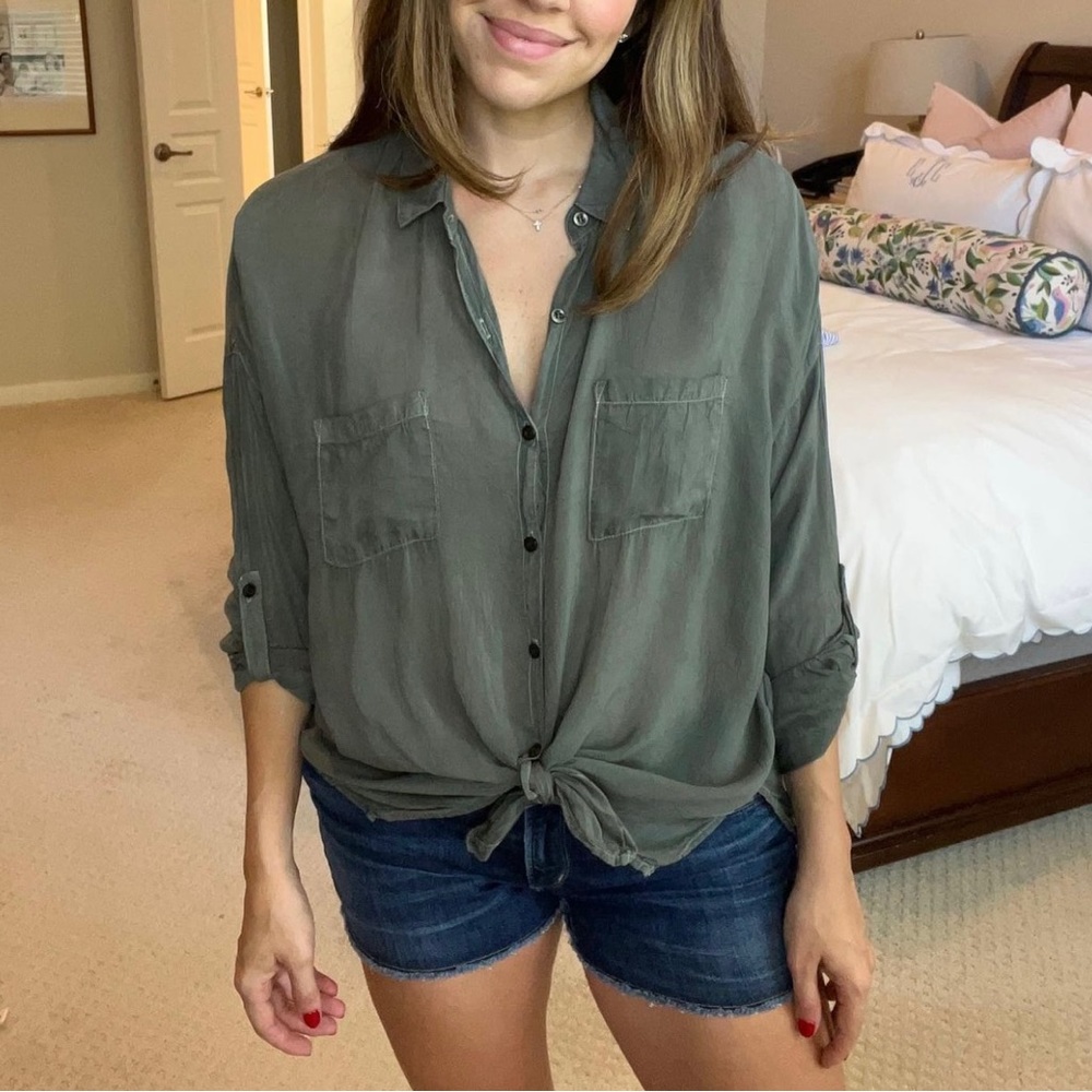 Maven West Olive Green Button-Down Tie-Front Shirt